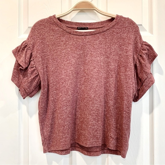 Dusty Rose Pink Soft Knit Ruffle Short Sleeves Tee T-Shirt Top - Picture 1 of 5
